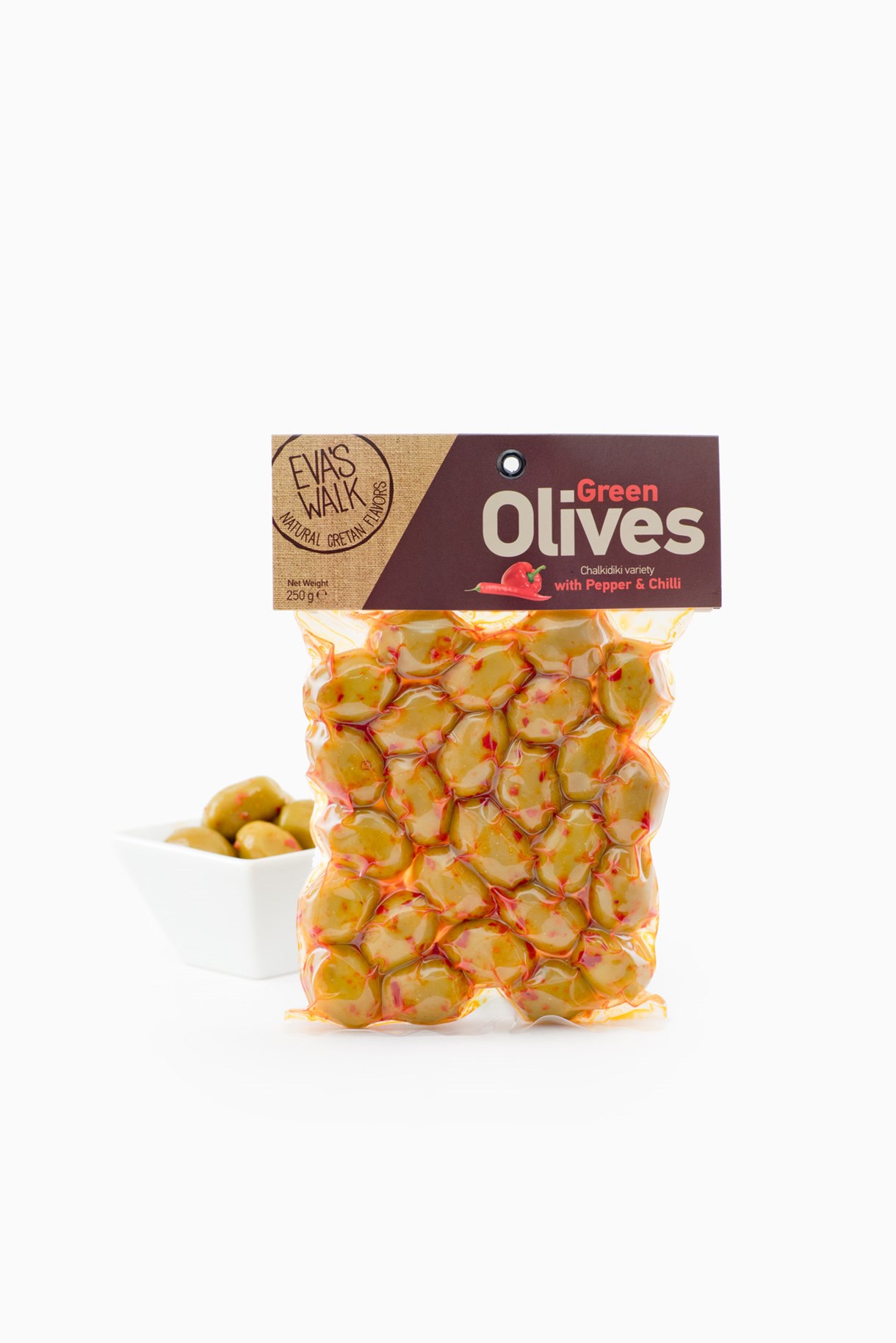 Eva's Walk Chalkidiki-Oliven, grün mit Chili & Pfeffer, 250 g