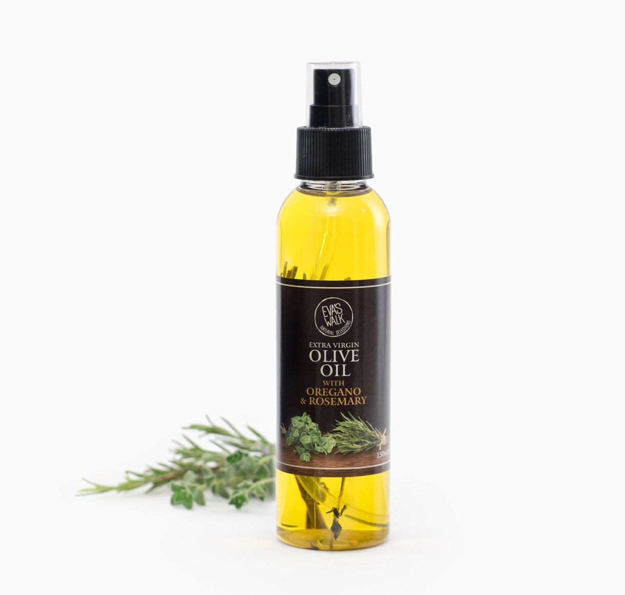 Eva's Walk Bio-Olivenöl mit Oregano & Rosmarin 150 ml, in der Sprayflasche